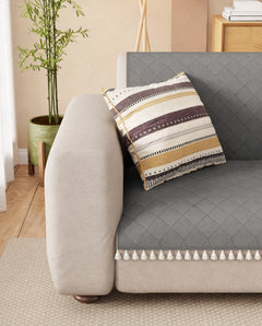 Lukzer 5 Seater Quilted Sofa Cover Mat with Tassels - 3+1+1 Seat - Stone Grey - SC-193-05T