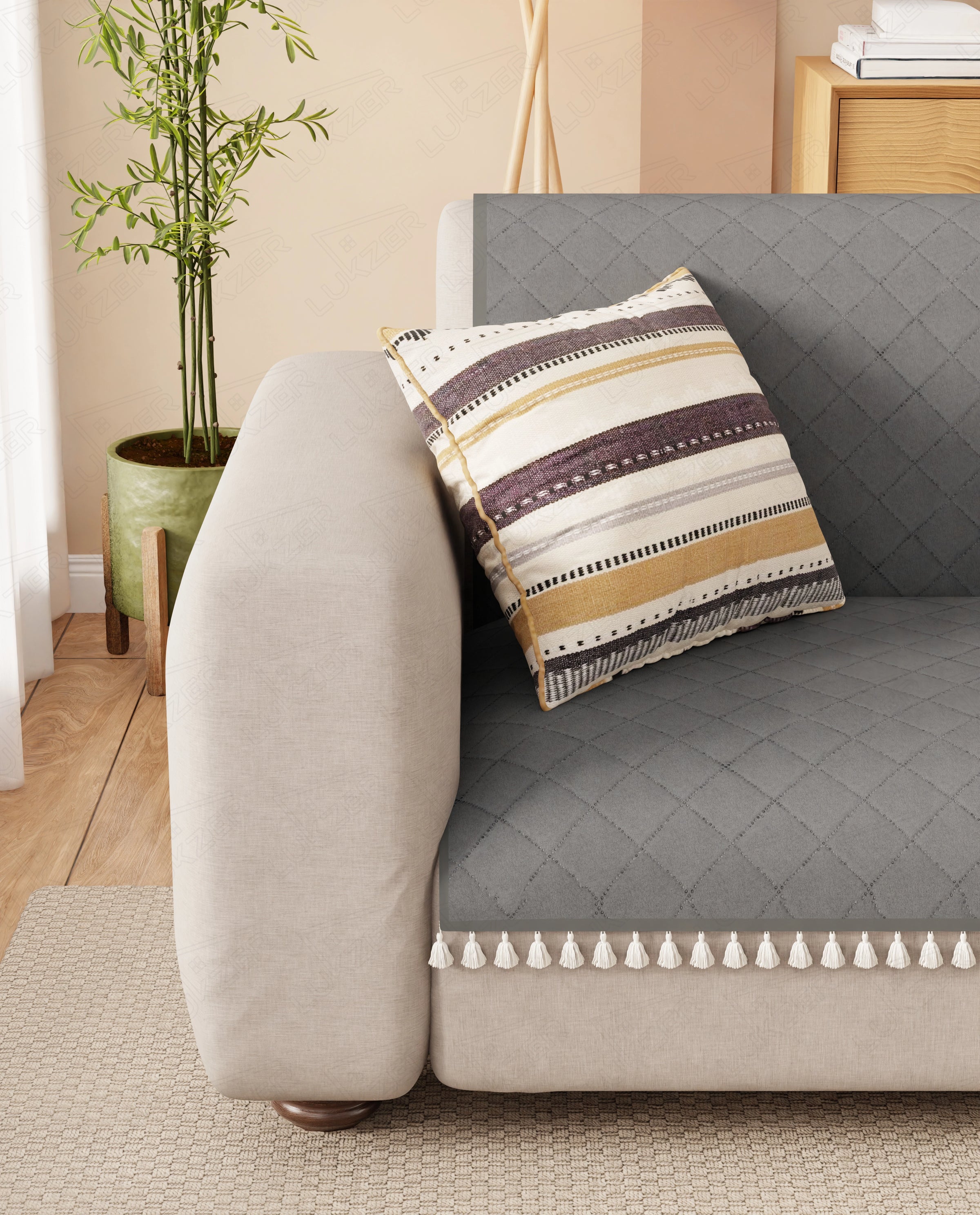 Lukzer 5 Seater Quilted Sofa Cover Mat with Tassels - 3+1+1 Seat - Stone Grey - SC-193-05T