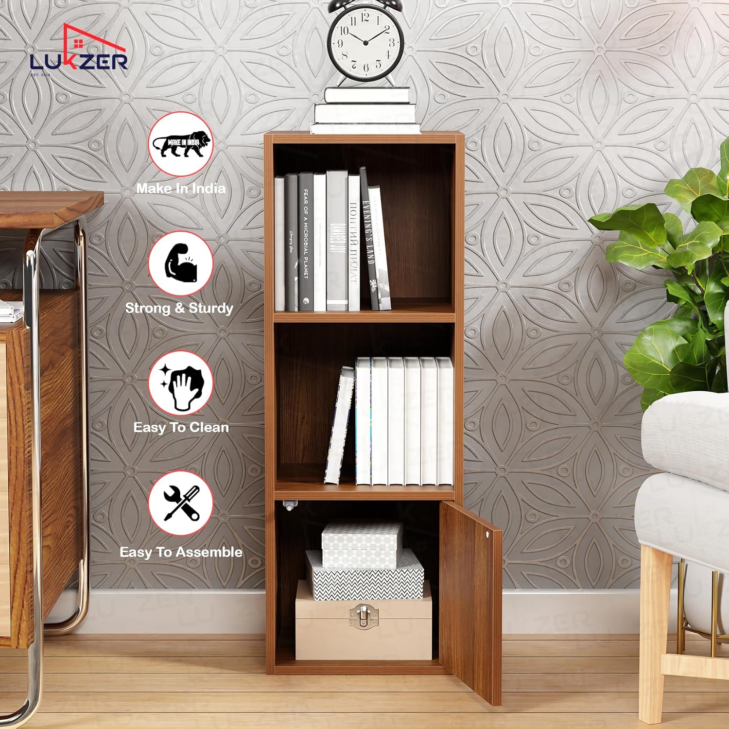 Lukzer 3 Layer Engineered Wood Storage Cabinet with Open Display Rack (MR-022/Oak Brown)