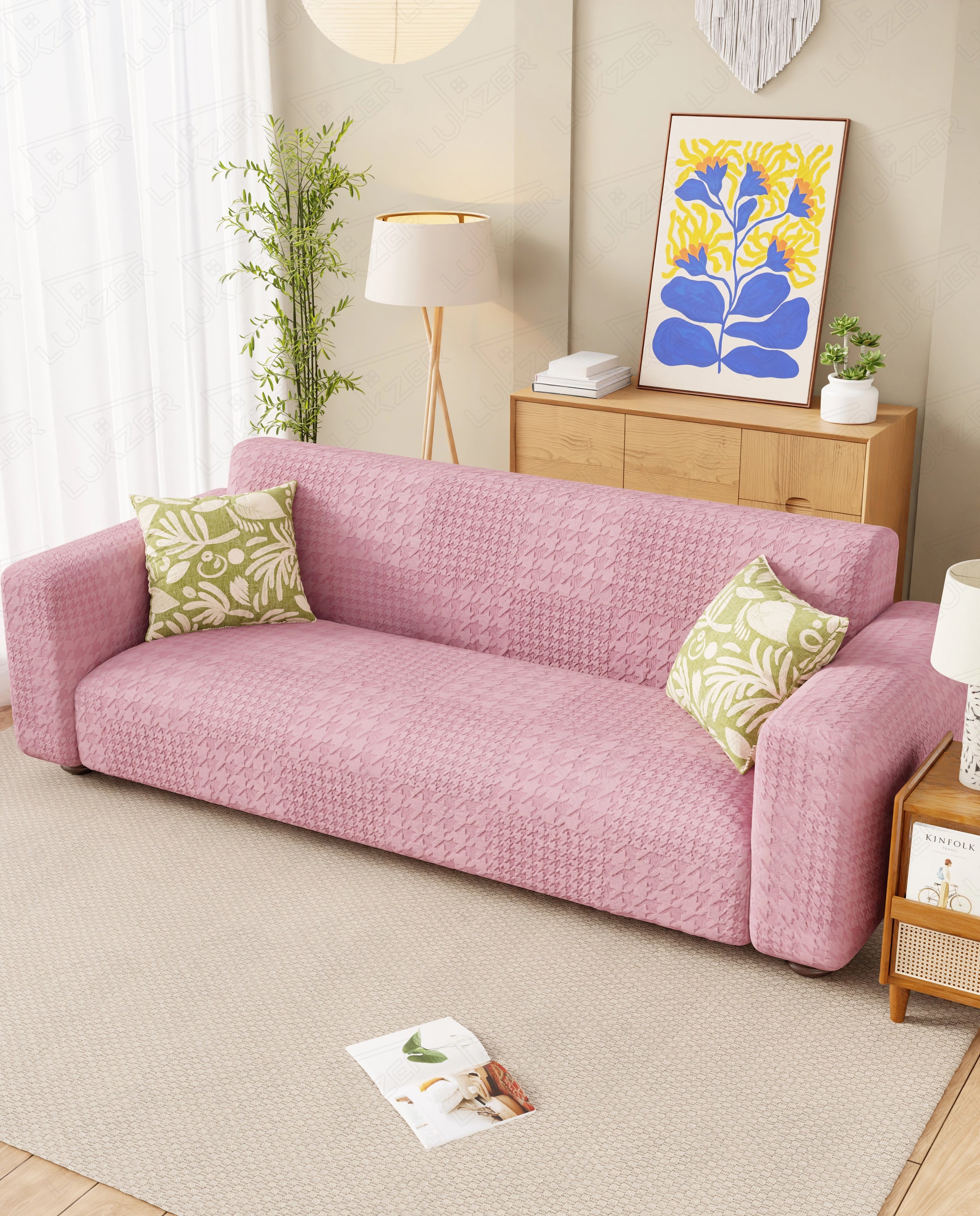 Lukzer Pastel Shades Textured Sofa Cover - Pink Square Knit (SC-175-01)