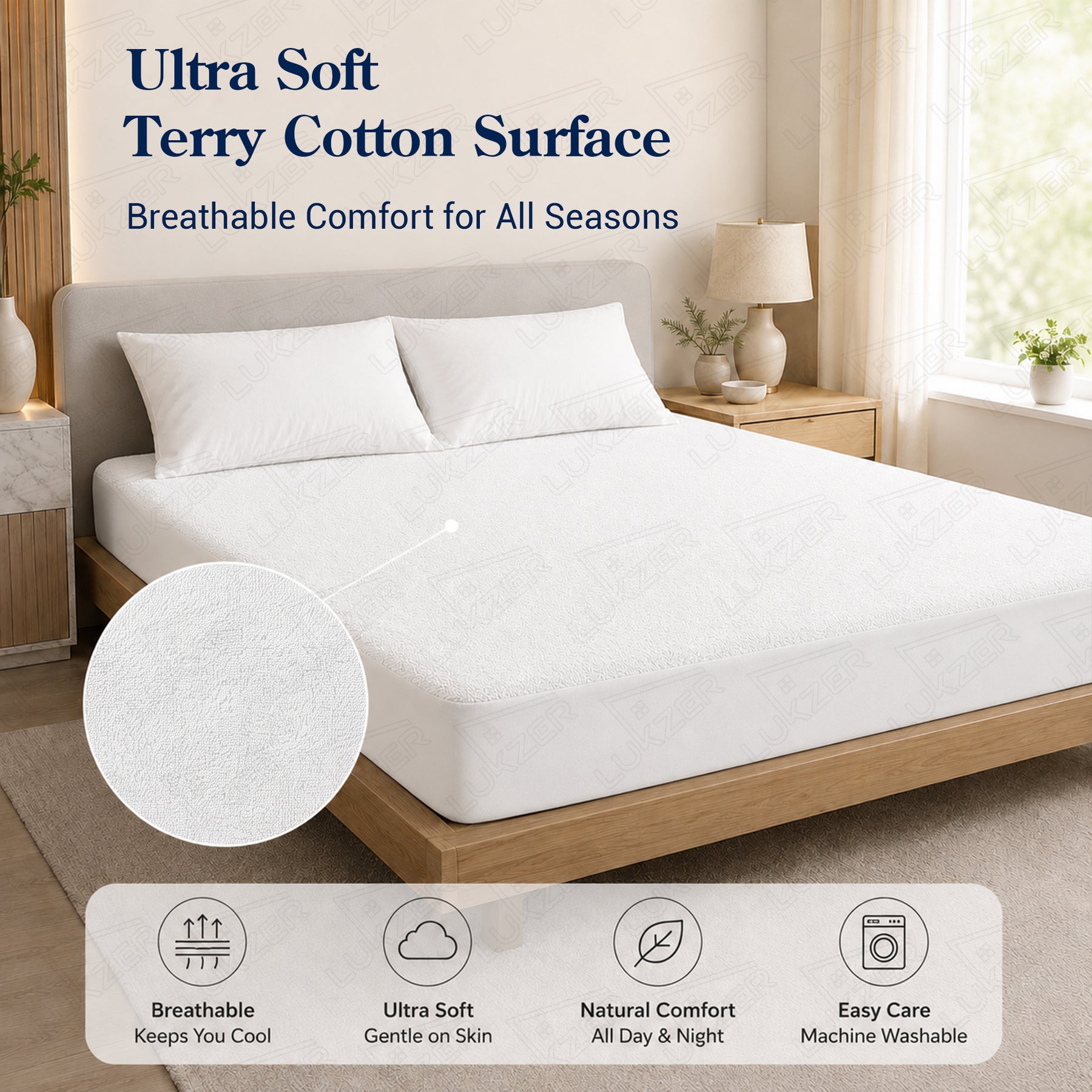 Lukzer Terry Cotton Waterproof Mattress Protector  White (MTP-WH-001)