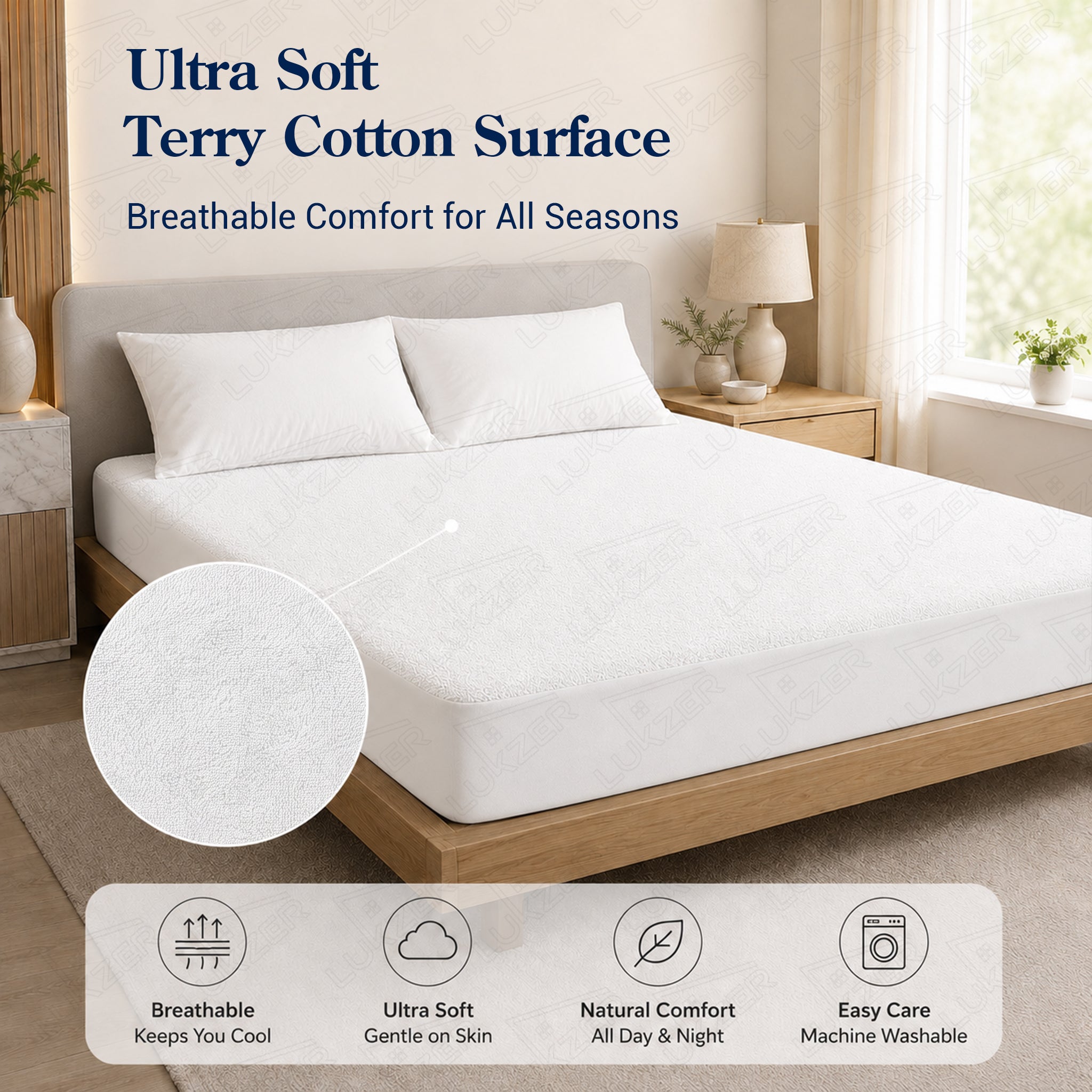 Lukzer Terry Cotton Waterproof Mattress Protector  White (MTP-WH-001)