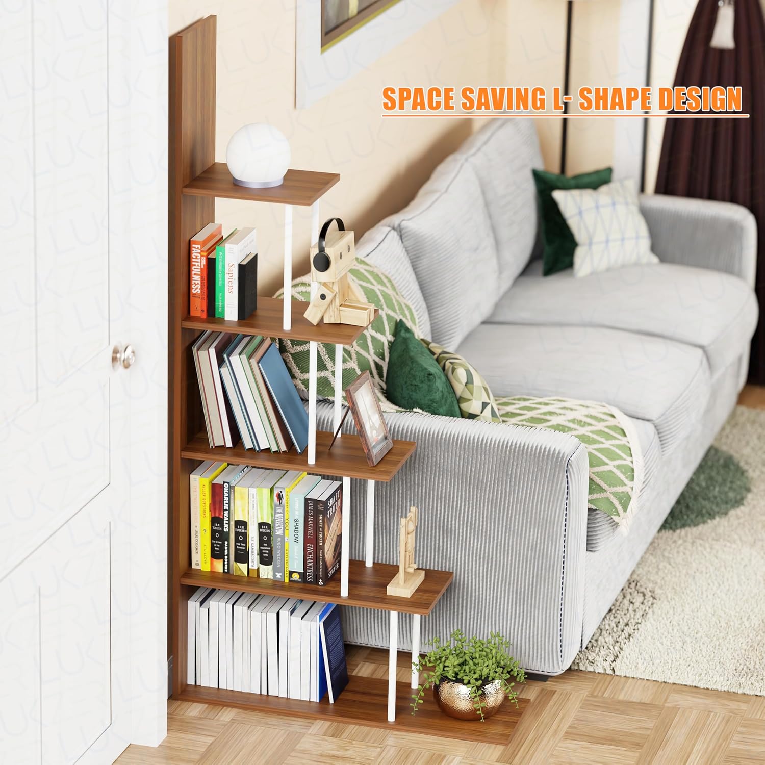 Lukzer 5-Tier L-Shaped Modern Step Design Storage & Display Unit (MRM-015/Oak Brown)