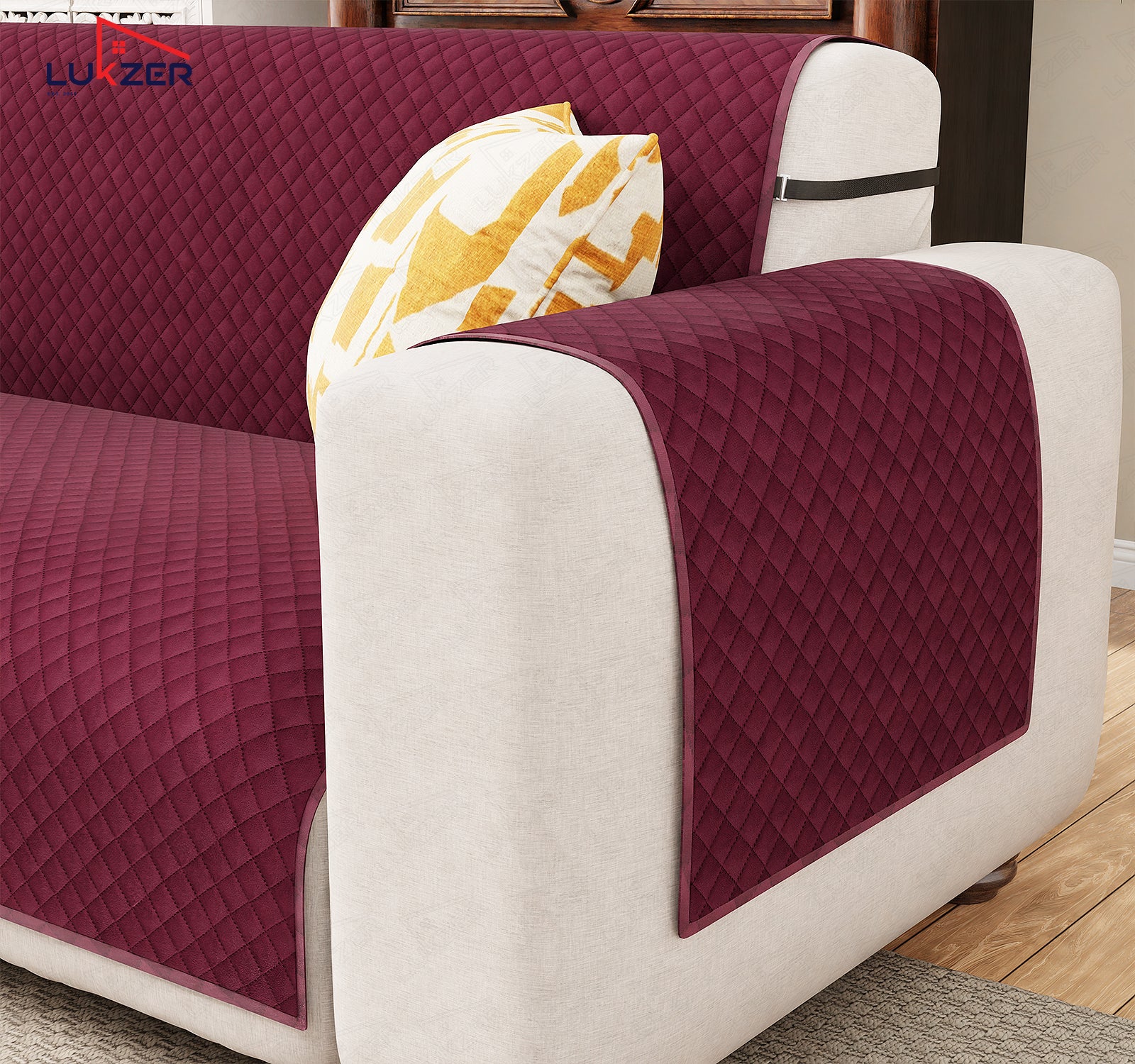 Lukzer Quilted Velvet Sofa Mat | 200 GSM Soft Washable &amp; Removable Couch Protector | Anti-Slip Elastic Strap Cover for Living Room, Pet &amp; Spill Protection