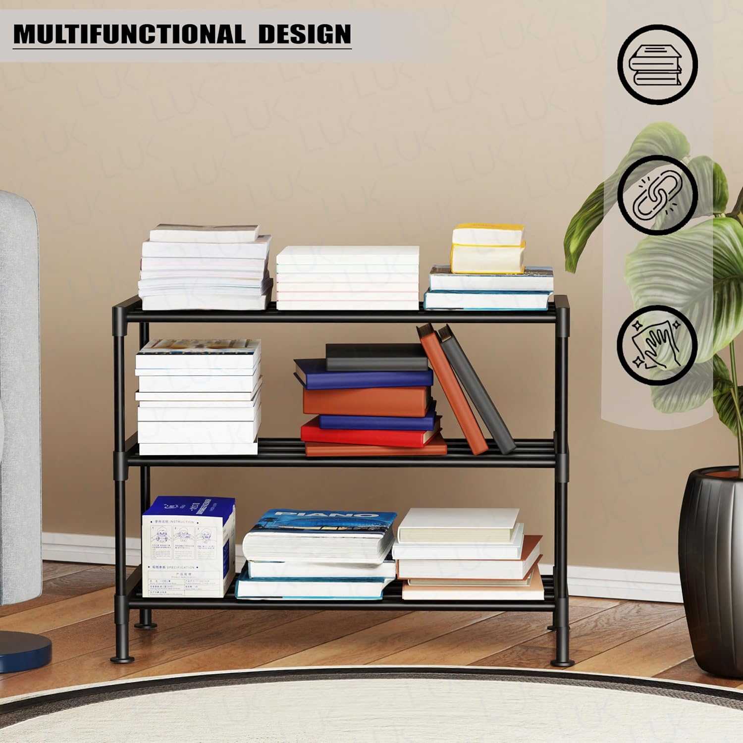 Lukzer Easy DIY Metal & Plastic Bookshelf/Storage Organizer – Black & Silver (3/4/5/6 Layers)