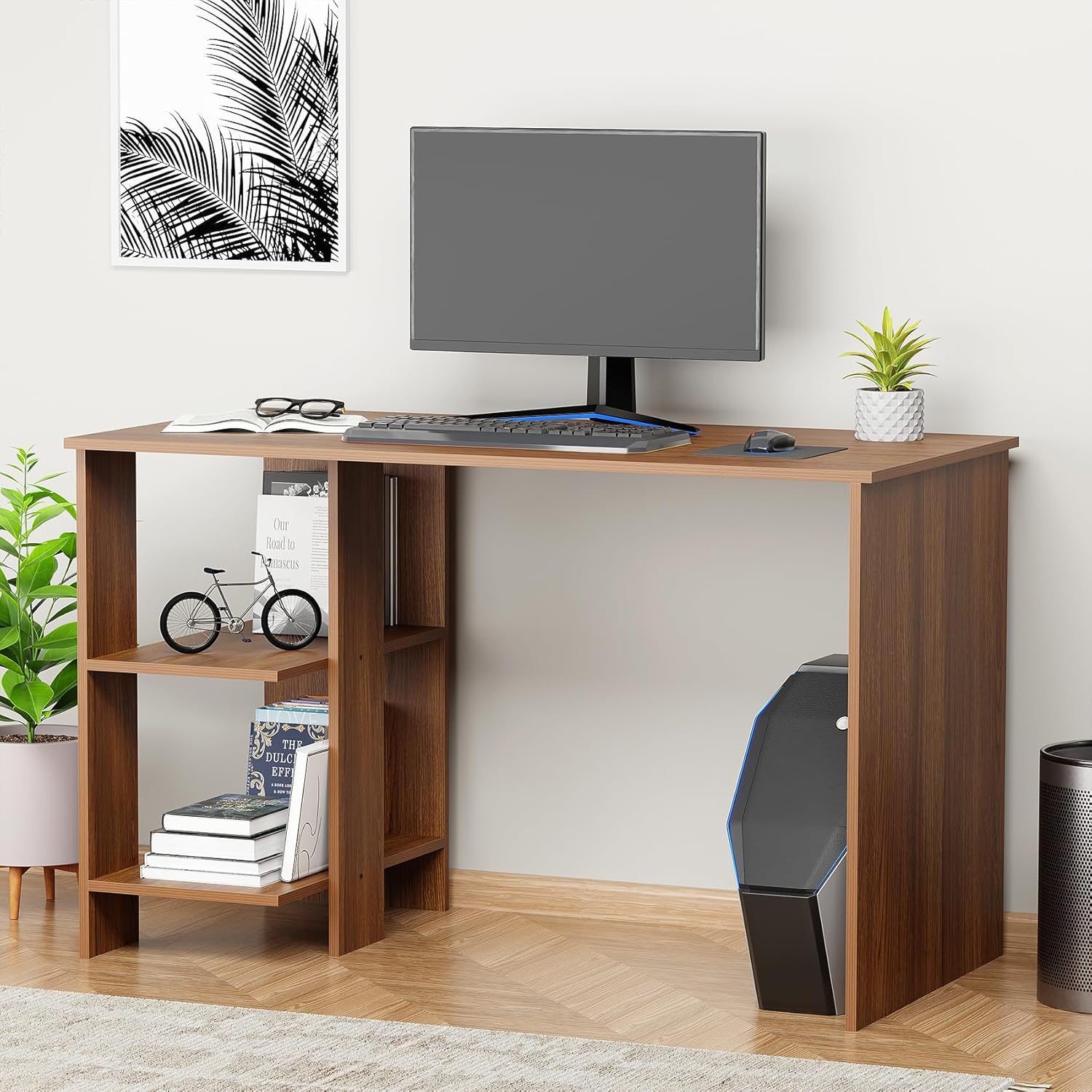 Lukzer Engineered Wood Study & Computer Table Office Desk with Bookshelf (ST-007/ Oak Brown)