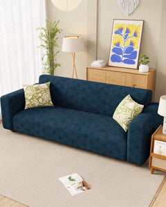 Lukzer Pastel Shades Textured Sofa Cover - Marine Blue Starlight Grid (SC-146-01)