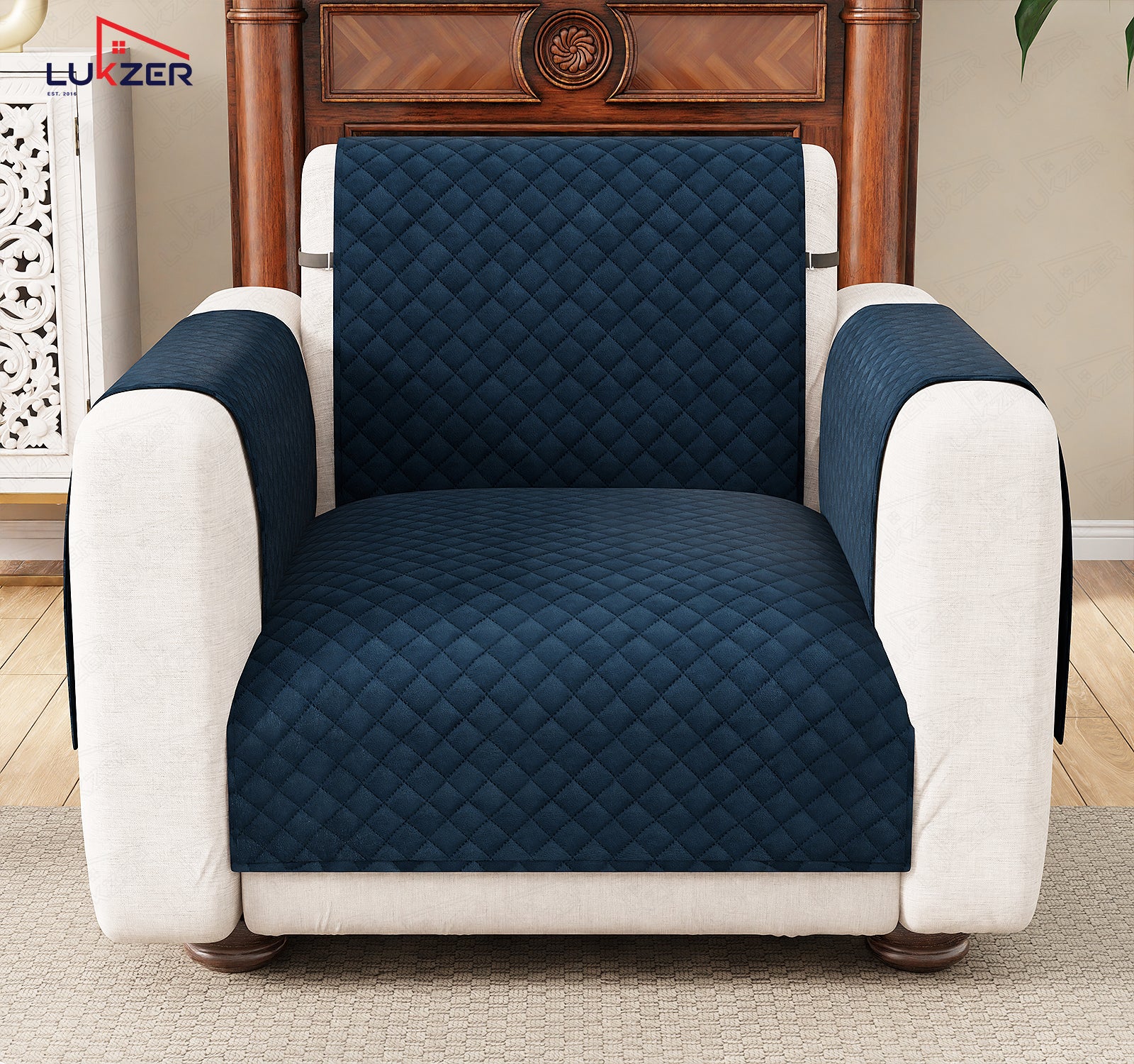 Lukzer Quilted Velvet Sofa Mat | 200 GSM Soft Washable &amp; Removable Couch Protector | Anti-Slip Elastic Strap Cover for Living Room, Pet &amp; Spill Protection