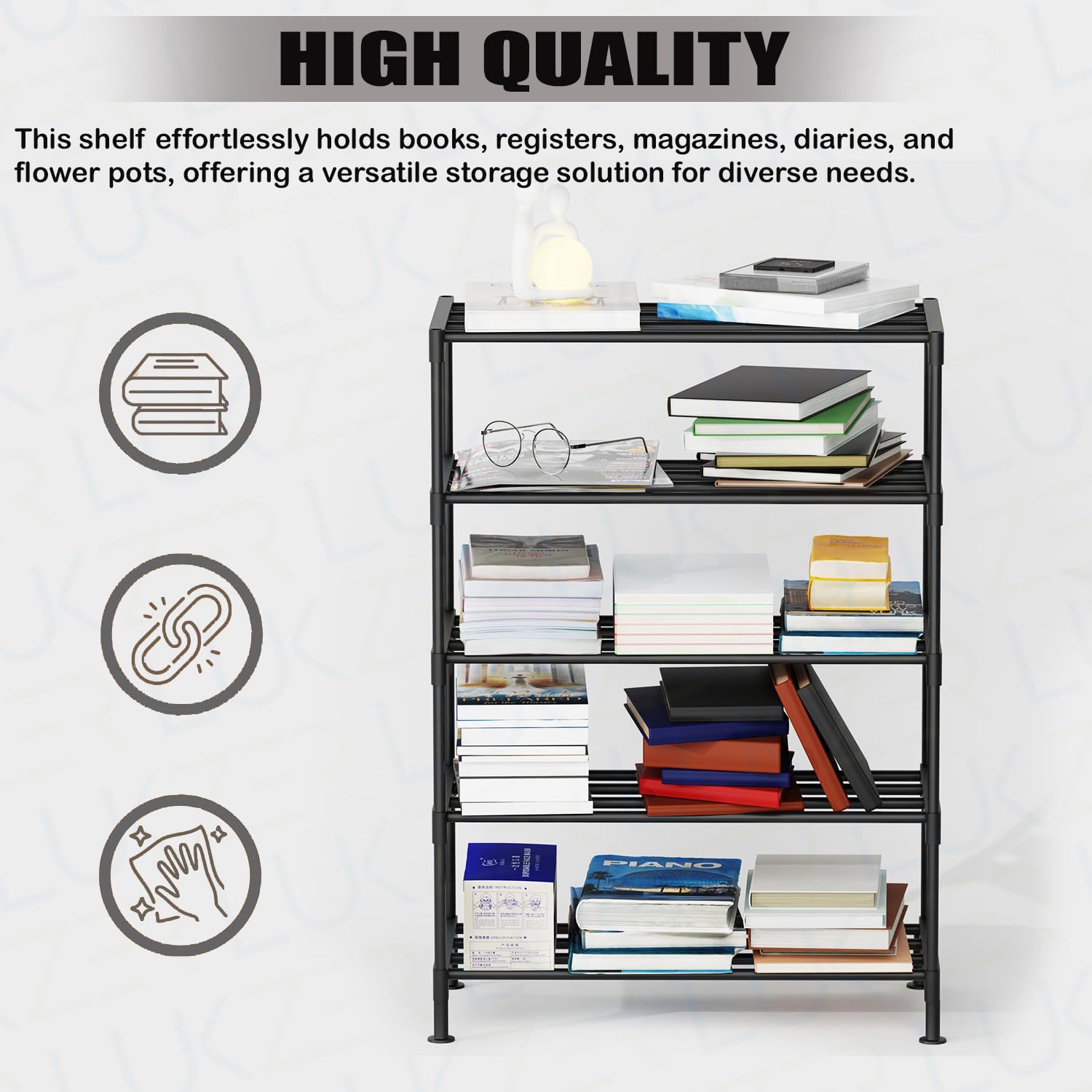 Lukzer Easy DIY Metal & Plastic Bookshelf/Storage Organizer – Black & Silver (3/4/5/6 Layers)