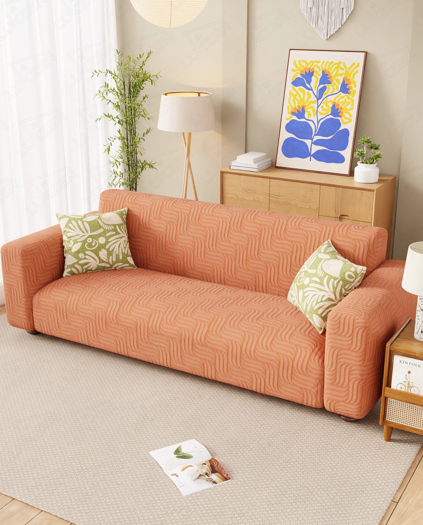 Lukzer Pastel Shades Textured Sofa Cover -  Orange Ripple Lines (SC-162-01)