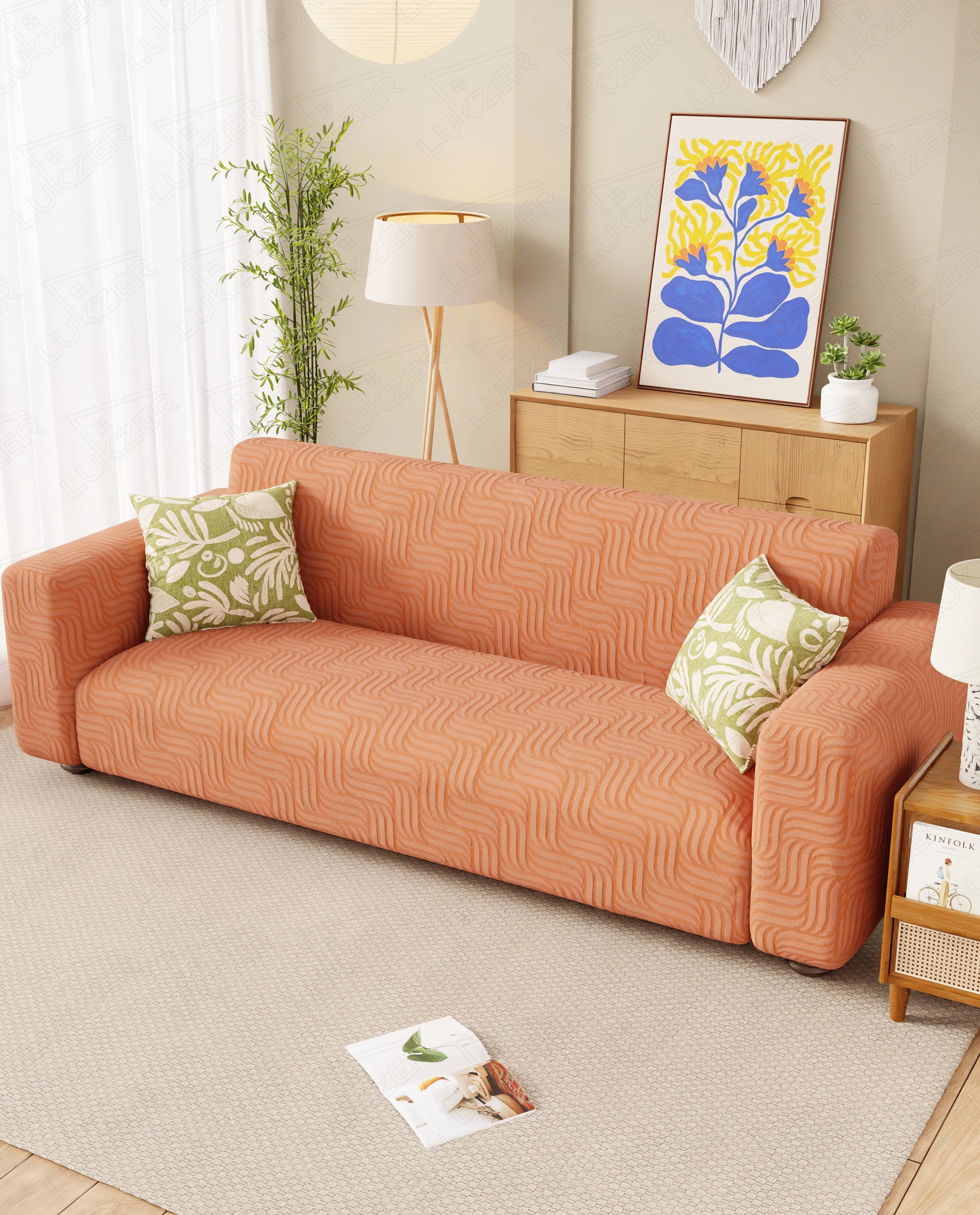 Lukzer Pastel Shades Textured Sofa Cover -  Orange Ripple Lines (SC-162-01)