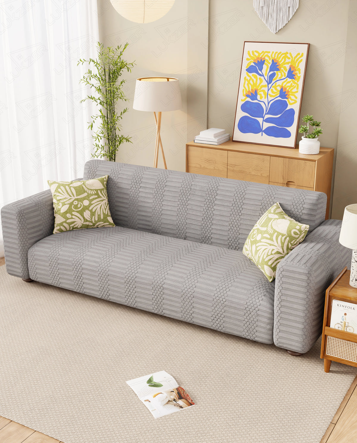 Lukzer Pastel Shades Textured Sofa Cover - Light Grey Dotted Stripe (SC-067-01)