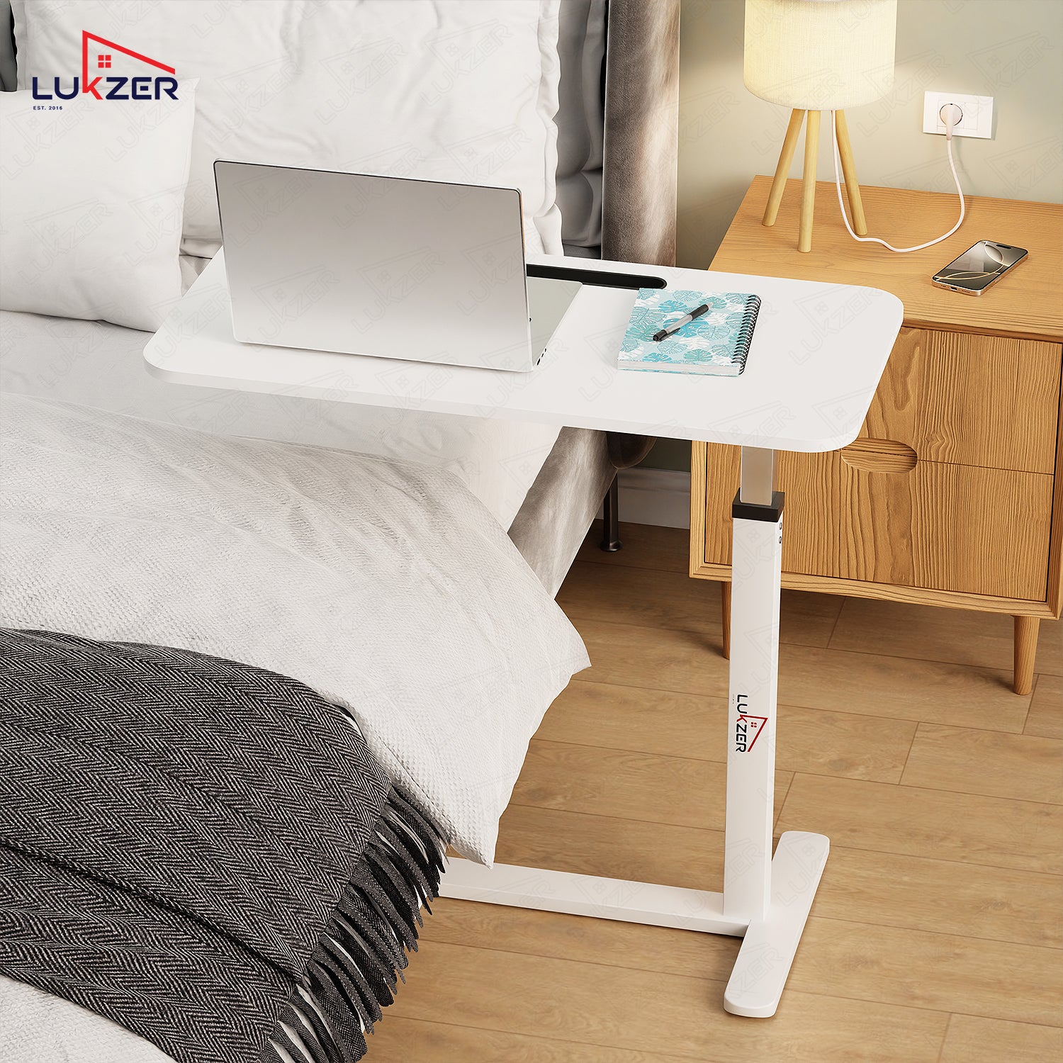 Lukzer Modern Adjustable Overbed Study Table with Wheels (MST-002/White & White)