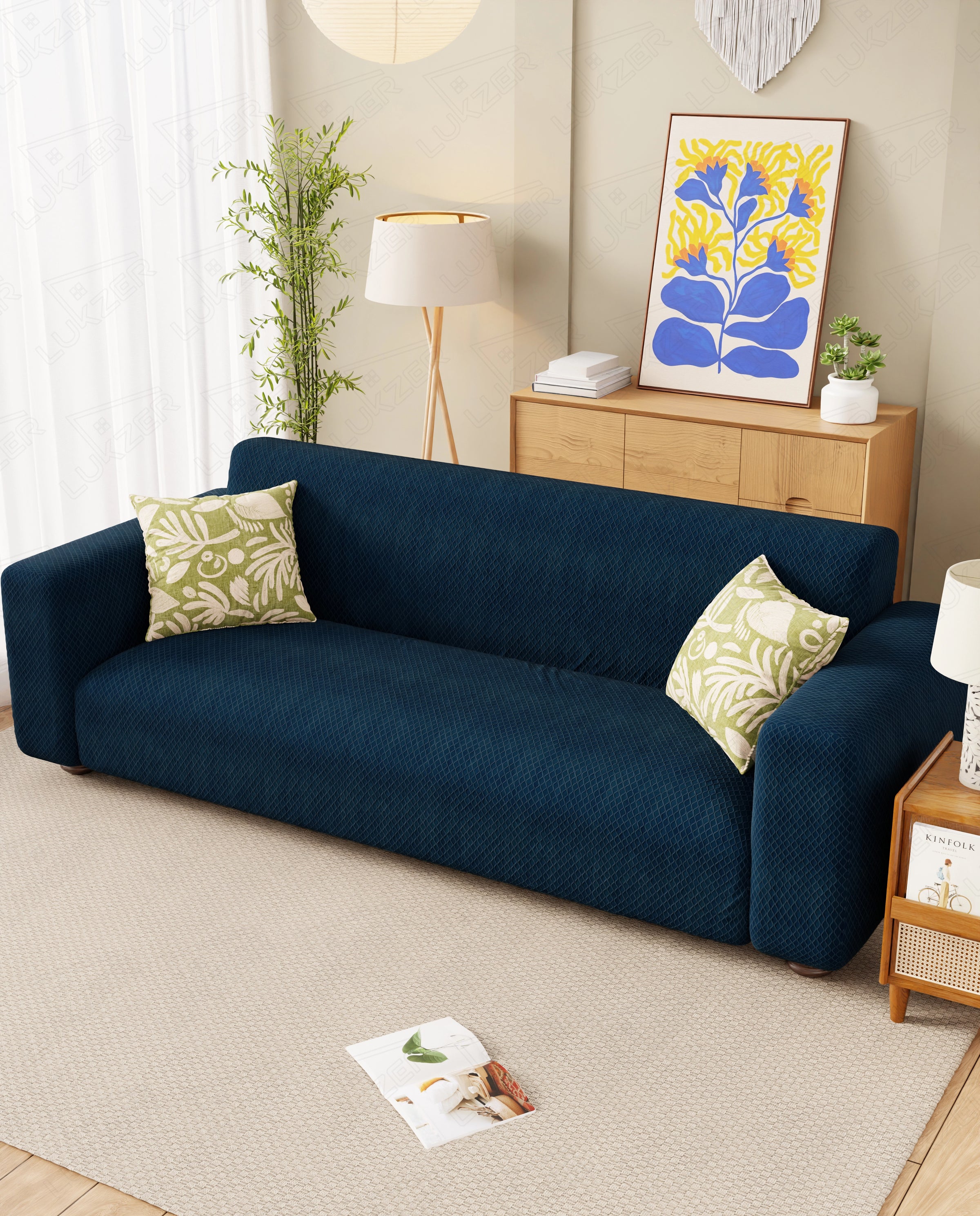 Lukzer Pastel Shades Textured Sofa Cover - Marine Blue Curved Diamond (SC-152-01)