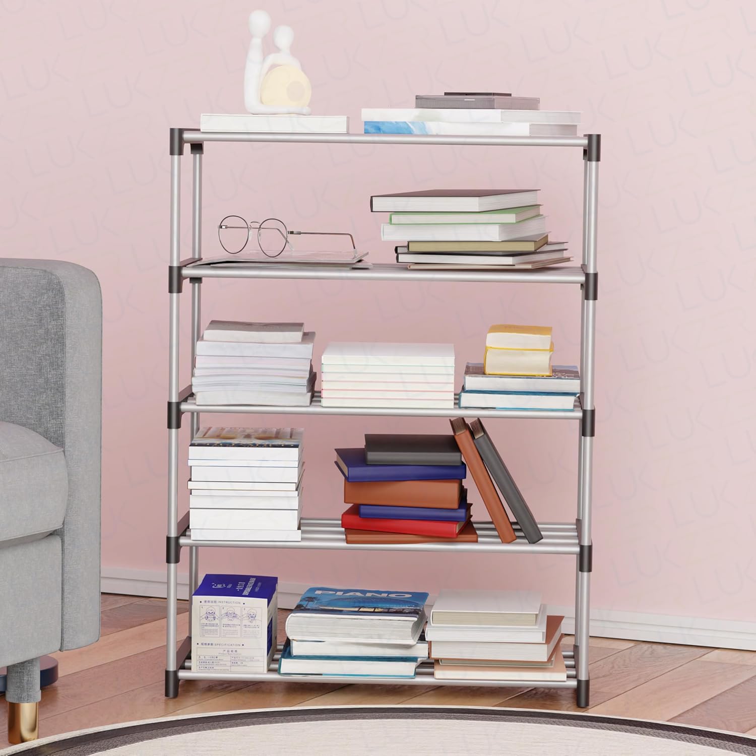 Lukzer Easy DIY Metal & Plastic Bookshelf/Storage Organizer – Black & Silver (3/4/5/6 Layers)