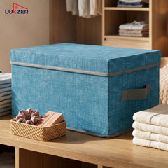 Lukzer 1Pc Blue & Grey Foldable Storage Box with Lid & Reinforced Handle (Lining)