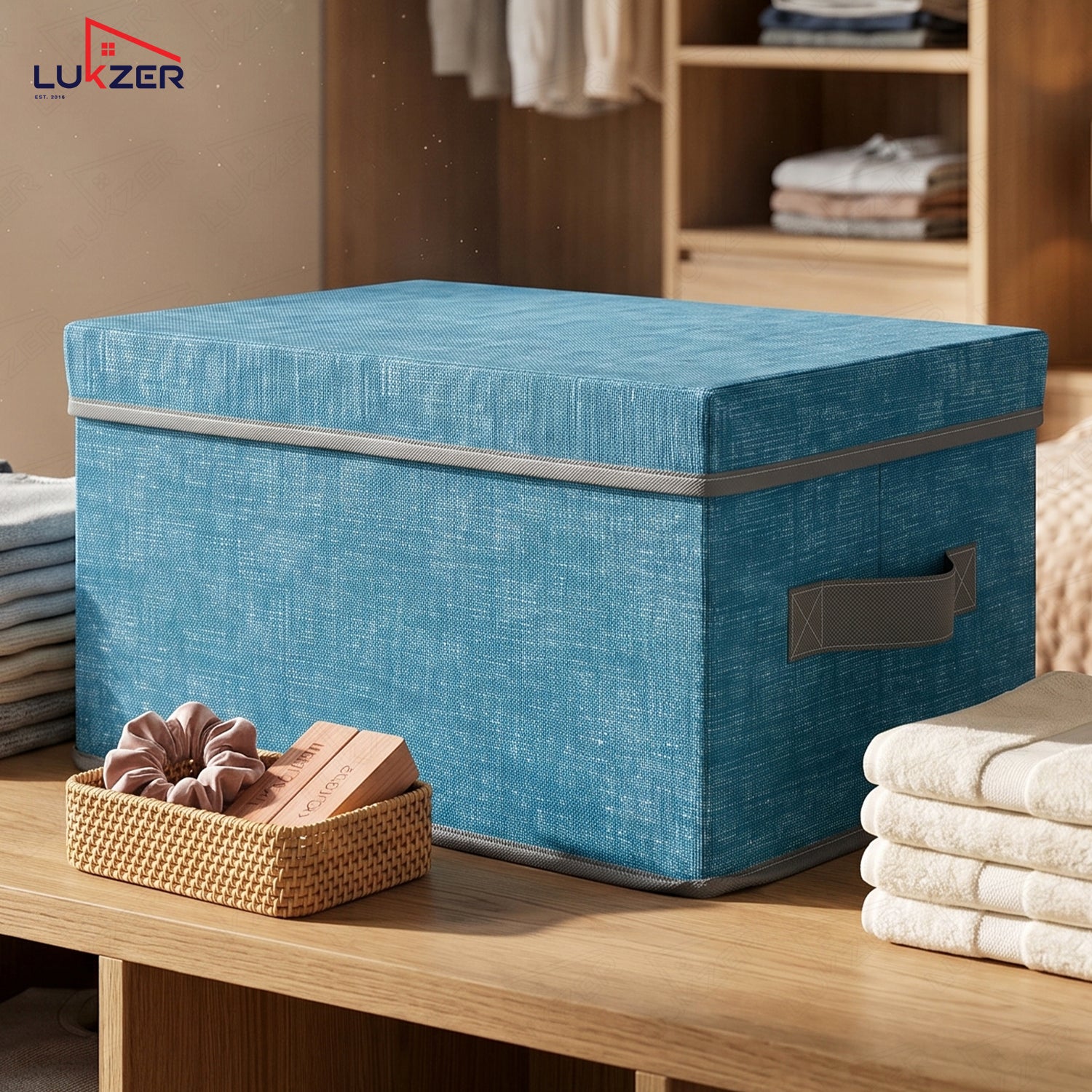 Lukzer 1Pc Blue & Grey Foldable Storage Box with Lid & Reinforced Handle (Lining)