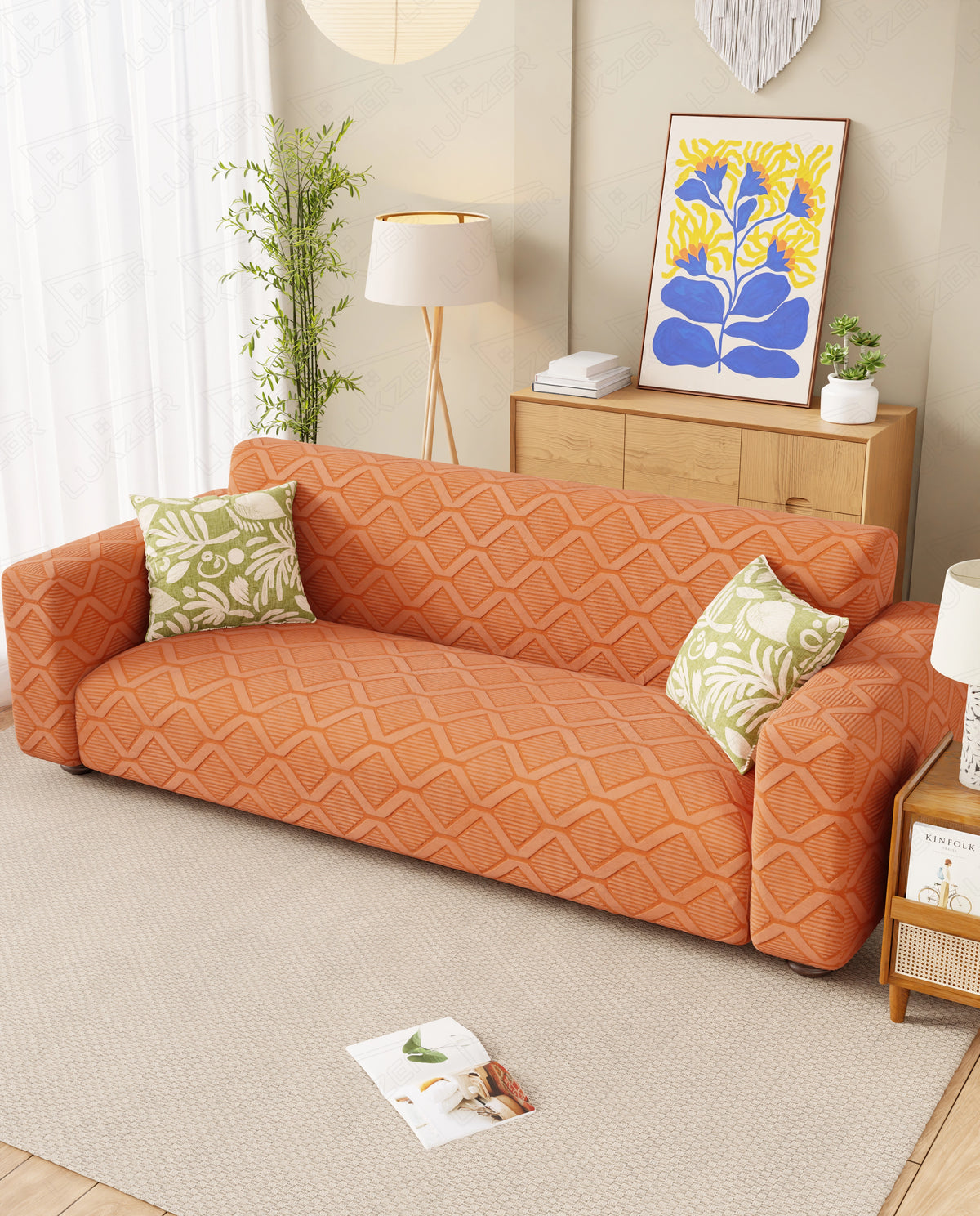 Lukzer Pastel Shades Textured Sofa Cover - Orange Diamond (SC-155-01)