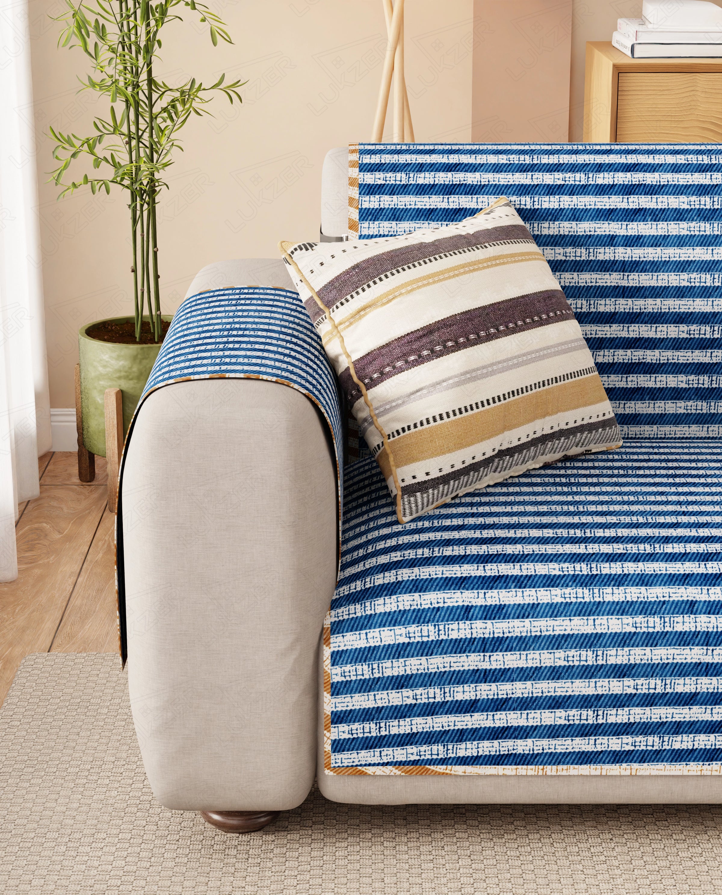 Lukzer Reversible Quilted Sofa Mat with Arms Optical Stripe (SC-184-01/A)