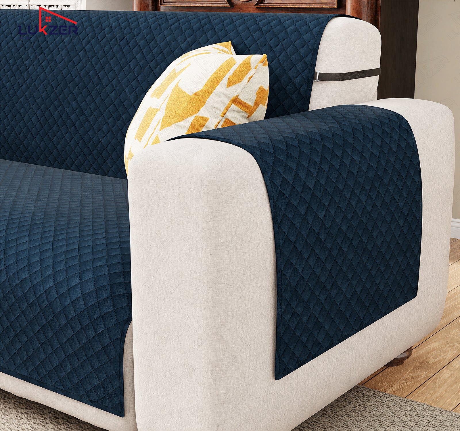 Lukzer Quilted Velvet Sofa Mat | 200 GSM Soft Washable &amp; Removable Couch Protector | Anti-Slip Elastic Strap Cover for Living Room, Pet &amp; Spill Protection