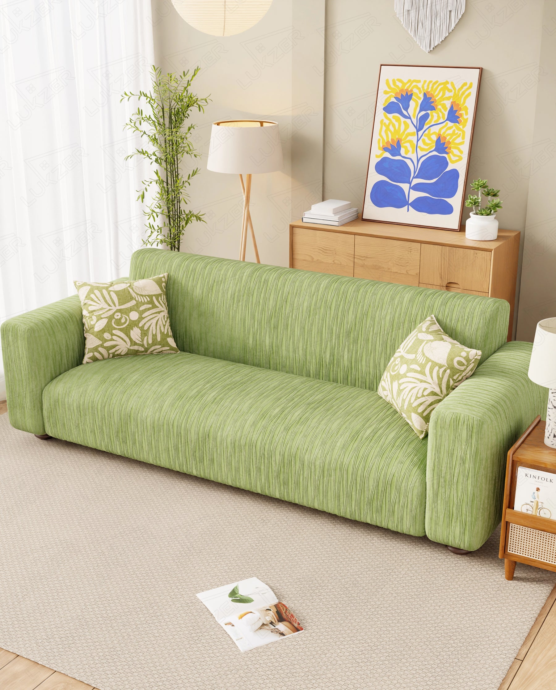 Lukzer Pastel Shades Textured Sofa Cover - Green Wavy Stripes (SC-081-01)