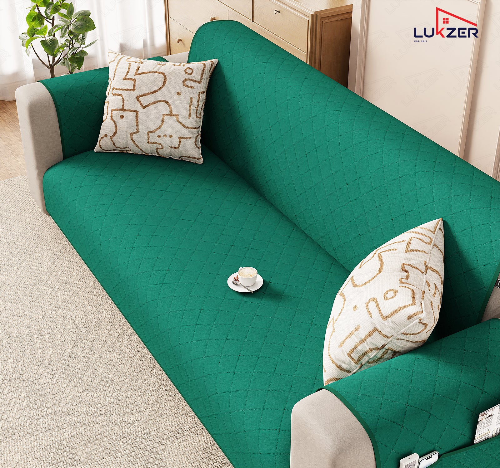 Lukzer Polyester Blend Quilted Sofa Cover Mat (350 GSM)| Full Coverage with Arms &amp; Back Belt | Machine Washable Sofa Runner with Storage Side Pocket