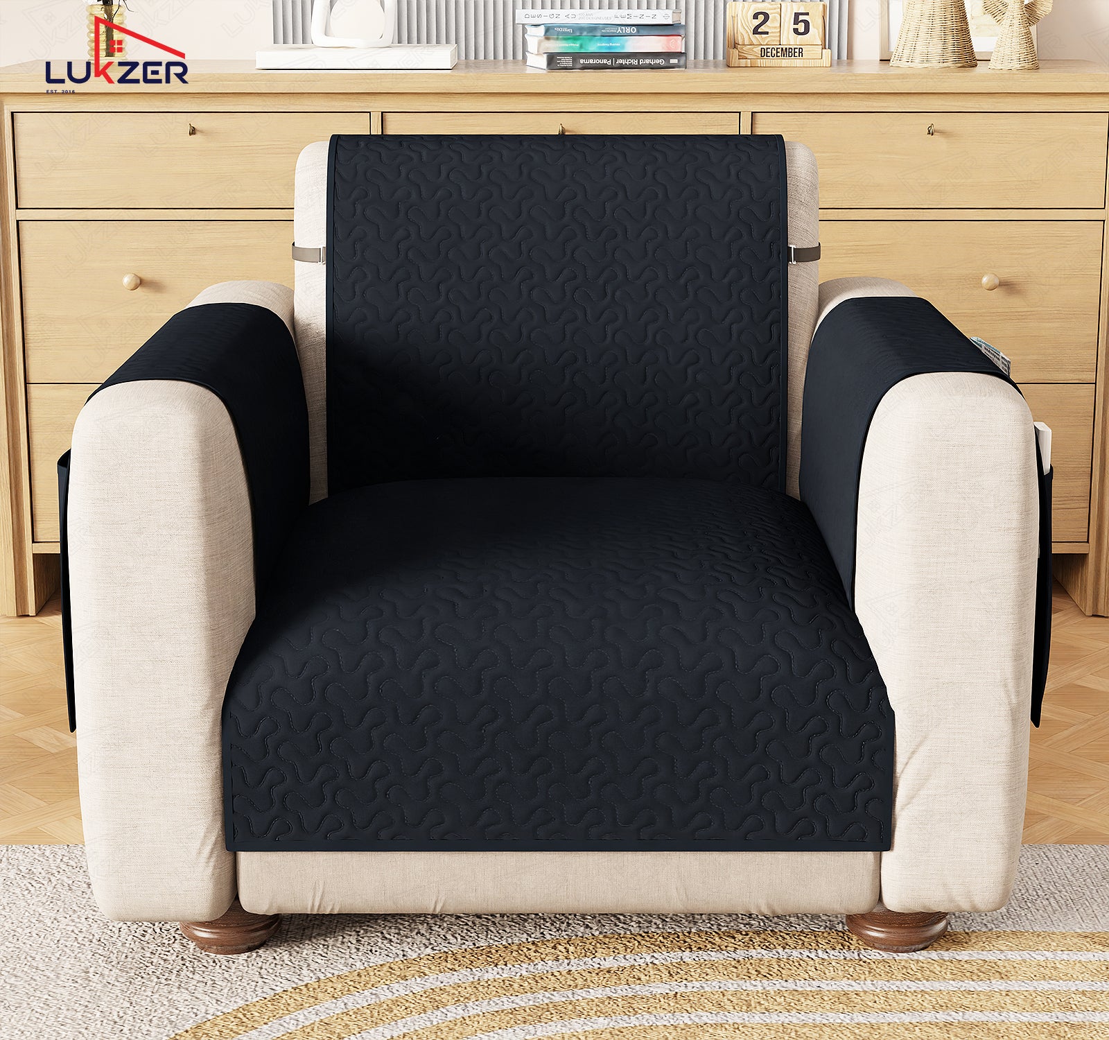 Lukzer Quilted Stipple Blue Sofa Cover Mat with Storage Side Pocket | 350 GSM Polyester Blend Full Coverage with Arms &amp; Back Belt | Machine Washable Sofa Runner.