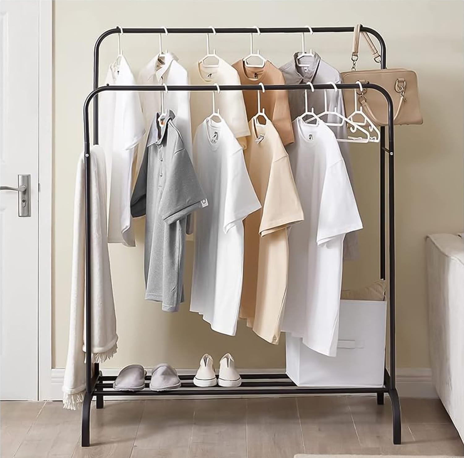 Lukzer Heavy-Duty Double Garment Rack with Bottom Storage – (MGS-002)(White, Gold, Black, Rose Gold, Silver)
