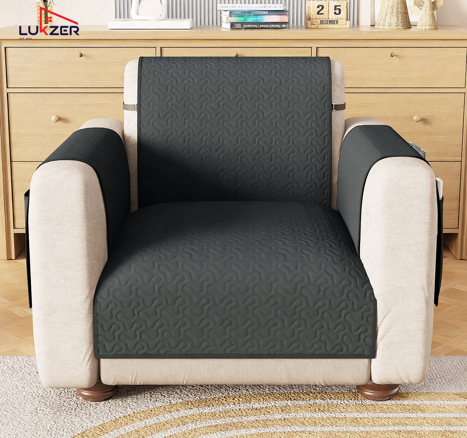 Lukzer Quilted Stipple Blue Sofa Cover Mat with Storage Side Pocket | 350 GSM Polyester Blend Full Coverage with Arms &amp; Back Belt | Machine Washable Sofa Runner.