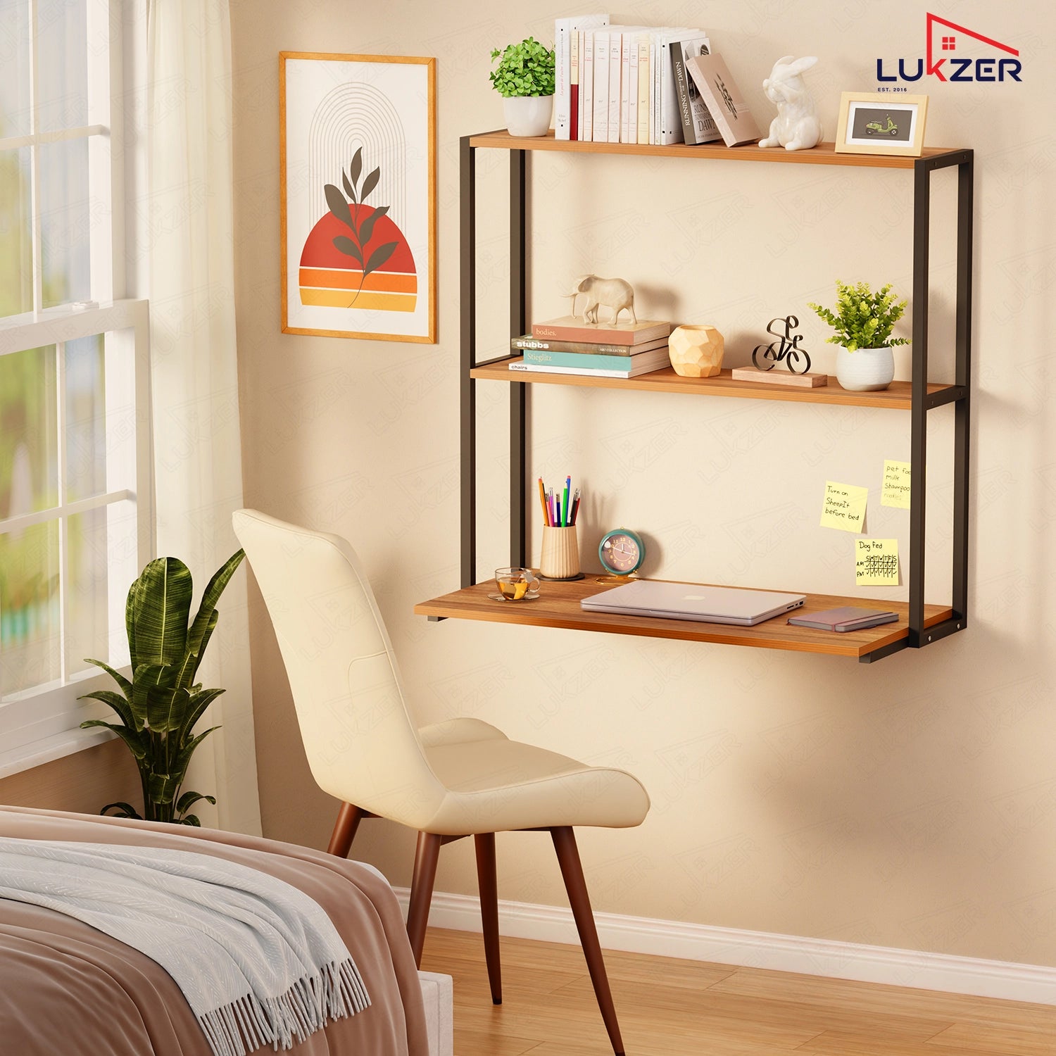 Lukzer Wall Mounted Study Table with Multipurpose Storage Shelves (MMR-007/Black & Oak Brown)