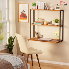 Lukzer Wall Mounted Study Table with Multipurpose Storage Shelves (MMR-007/Black & Oak Brown)