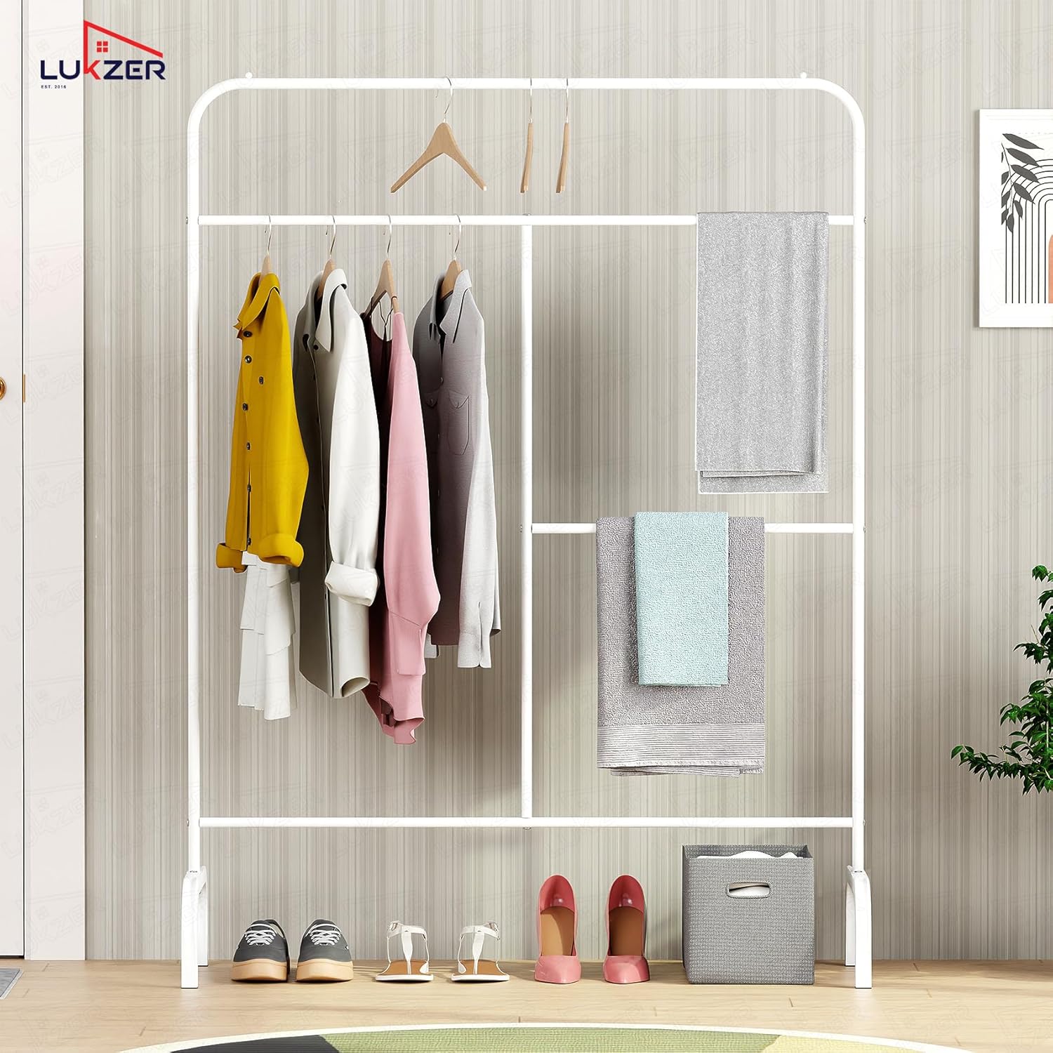 Lukzer Metal Garment Stand with Multi-Level Hanging Bars (MGS-005/White)