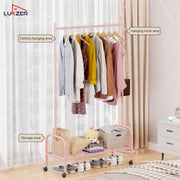 Lukzer Heavy-Duty Portable Metal Clothes Rack with Single Rod & Bottom Shelf (MGR-001/Pink)