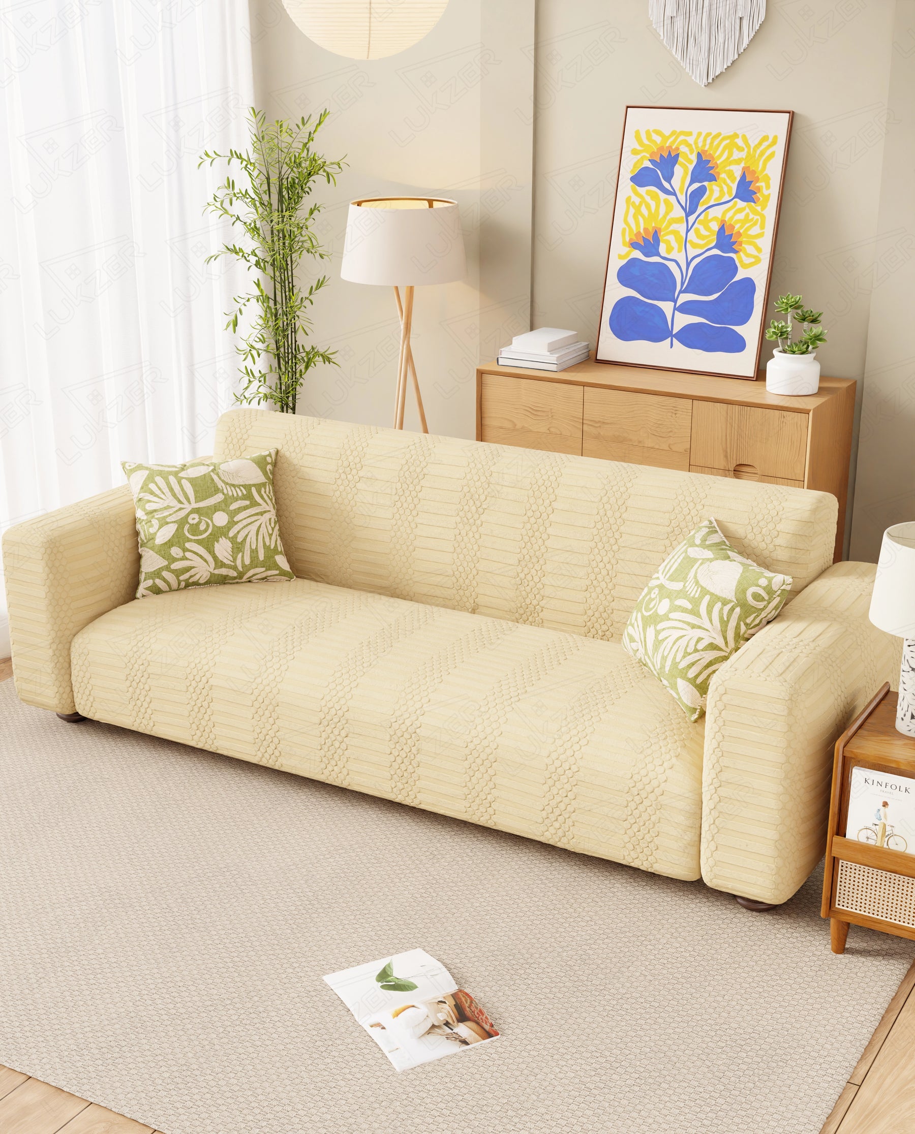Lukzer Pastel Shades Textured Sofa Cover - Yellow Dotted Stripe (SC-070-01)