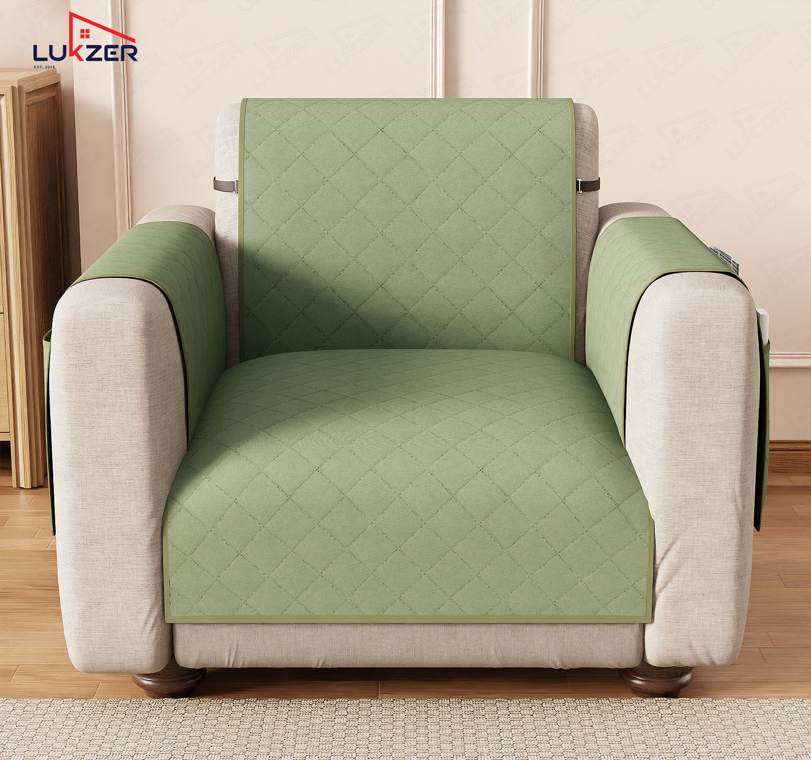 Lukzer Polyester Blend Quilted Sofa Cover Mat (350 GSM)| Full Coverage with Arms &amp; Back Belt | Machine Washable Sofa Runner with Storage Side Pocket
