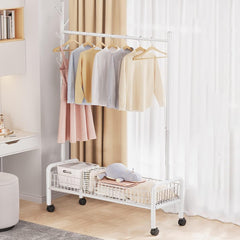 Lukzer Heavy-Duty Portable Metal Clothes Rack with Single Rod & Bottom Shelf (MGR-001/White)