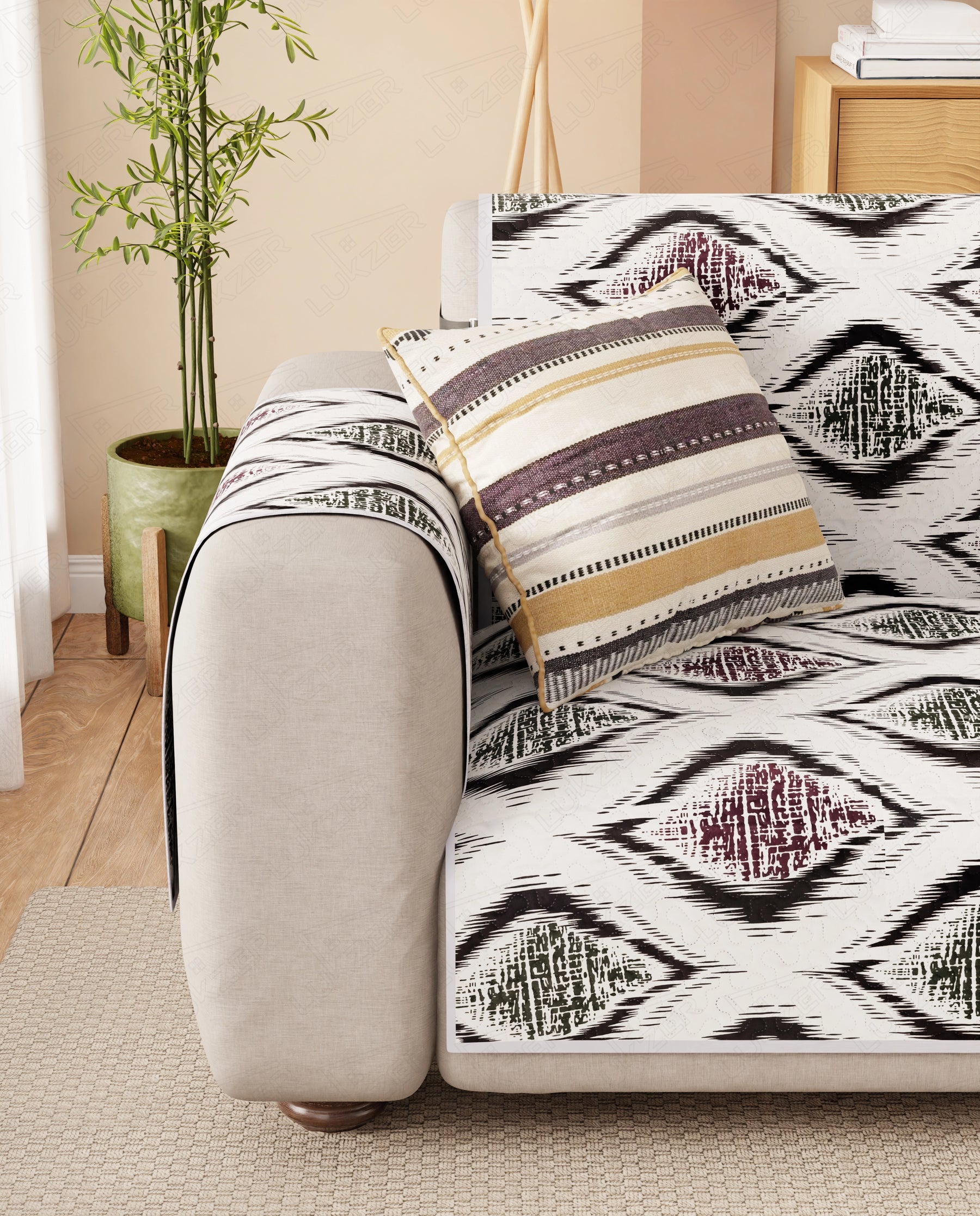 Lukzer Reversible Quilted Sofa Mat with Arms Ikat Rose (SC-203-01)