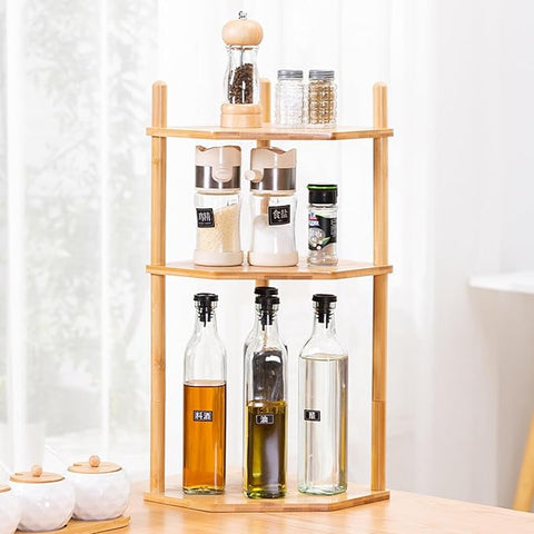 Lukzer Bamboo 3-Tier Corner Shelf Rack | Wooden Hexagon Side Table Stand for Kitchen, Bathroom, Living Room & Office | Multipurpose Storage Organizer for Plants, Books, Decor Items