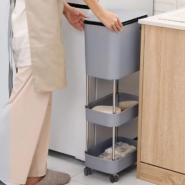 Lukzer 3-Tier Rolling Utility Cart with Trash Bin | Slim Plastic & Steel Organizer (PMR-007/Grey)