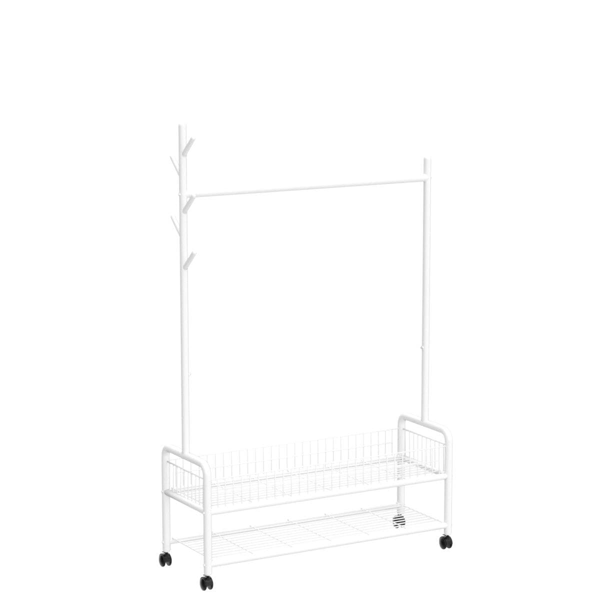 Lukzer Metal Single Rod Clothes Hanging Stand with Double Shelf & Lockable Wheels (MGR-004/White)