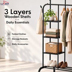 Lukzer Metal Garment Stand with 6 Shelves & Double Rods with Side Hooks & Wheels (MGS-008)