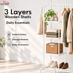 Lukzer Metal Garment Stand with 6 Shelves & Double Rods with Side Hooks & Wheels (MGS-008)