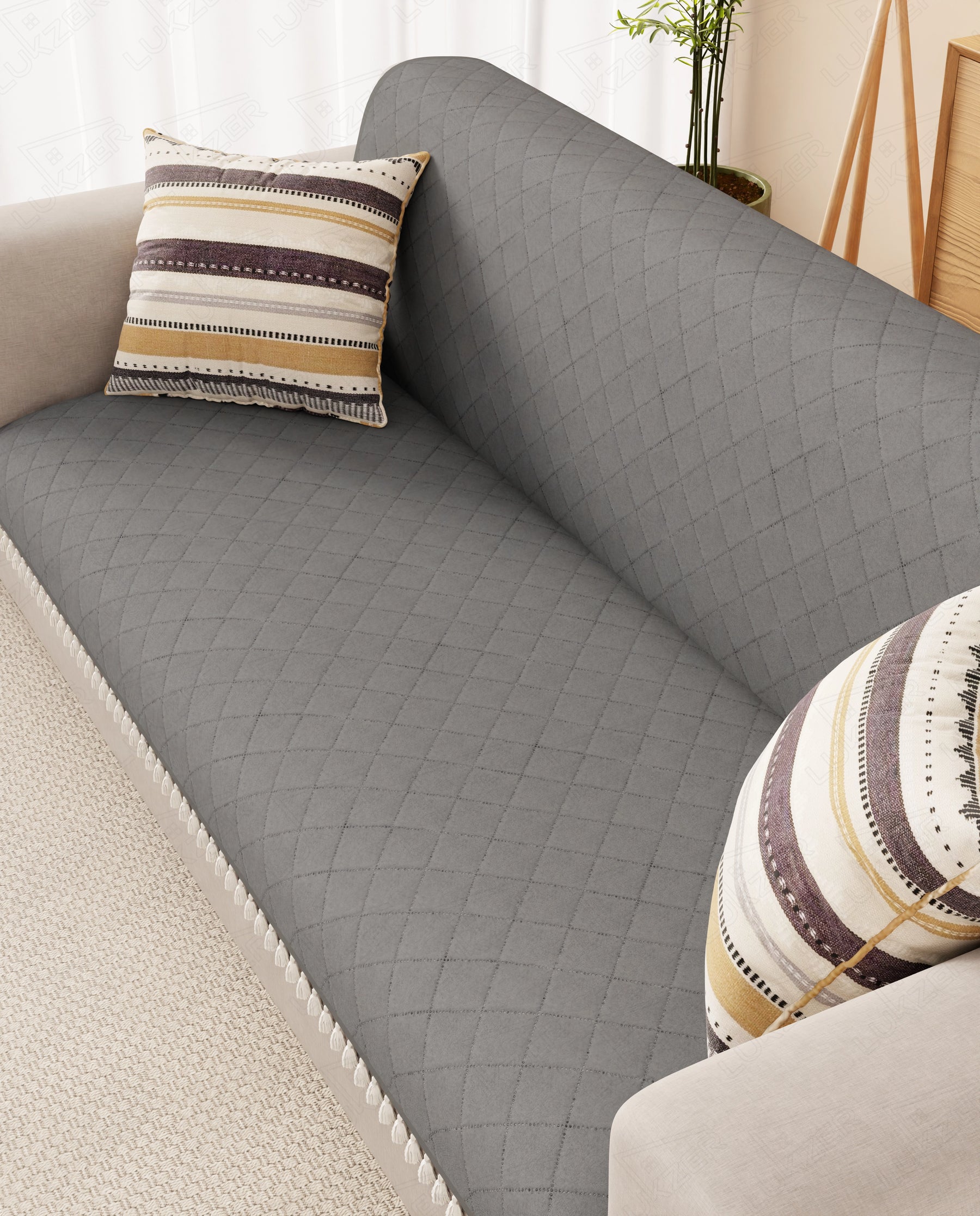 Lukzer 5 Seater Quilted Sofa Cover Mat with Tassels - 3+1+1 Seat - Stone Grey - SC-193-05T