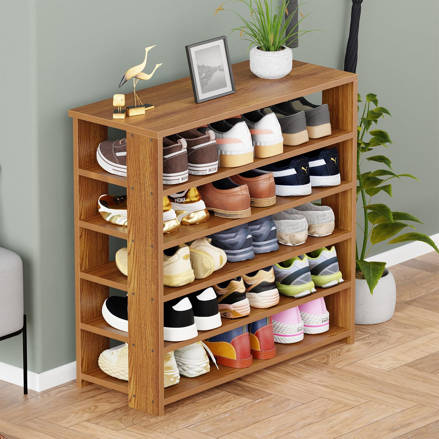 Lukzer 5-Tier Engineered Wood Shoe Rack | Multipurpose Storage Shelf (SR-002/Oak Brown)