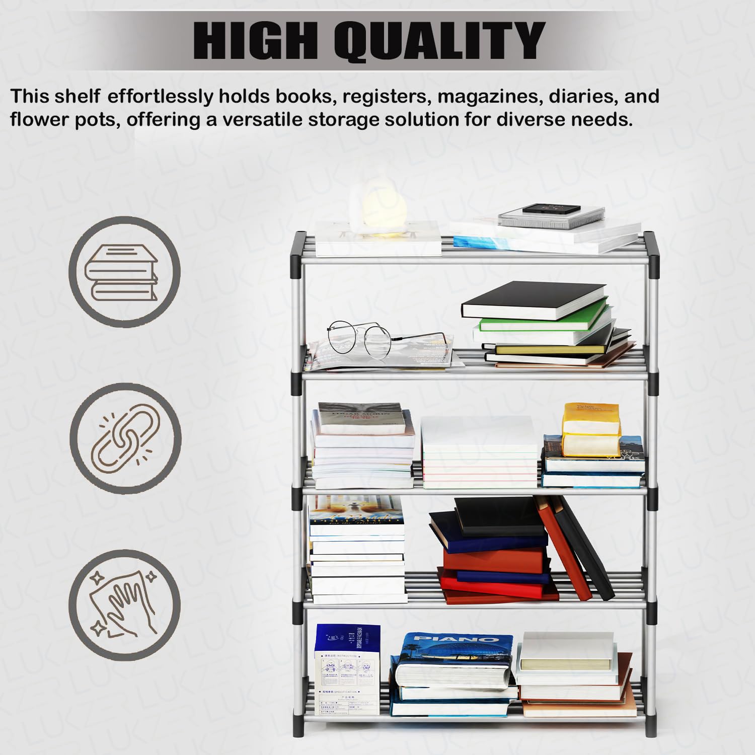 Lukzer Easy DIY Metal & Plastic Bookshelf/Storage Organizer – Black & Silver (3/4/5/6 Layers)