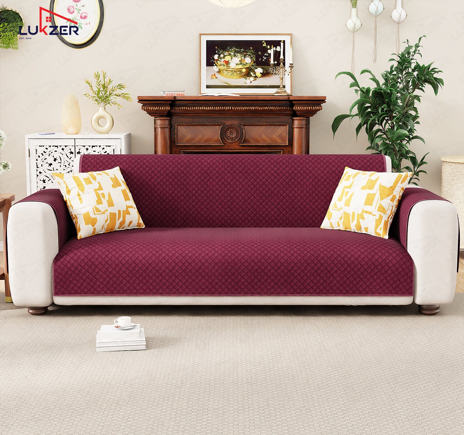 Lukzer Quilted Velvet Sofa Mat | 200 GSM Soft Washable &amp; Removable Couch Protector | Anti-Slip Elastic Strap Cover for Living Room, Pet &amp; Spill Protection