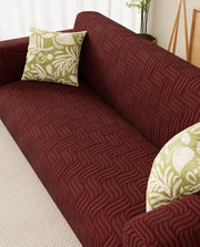 Lukzer Pastel Shades Textured Sofa Cover -  Deep Maroon Ripple Lines (SC-165-01)