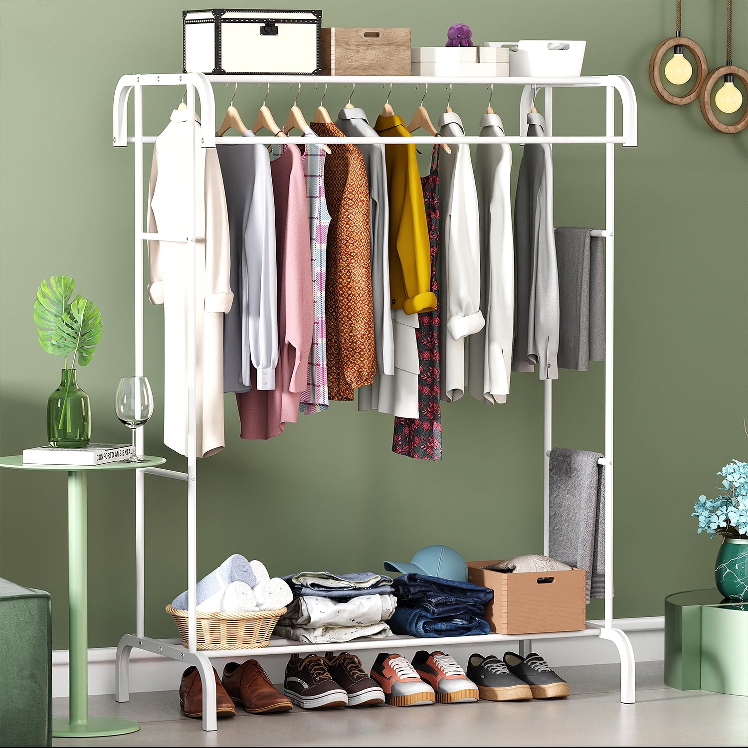 Lukzer Multifunctional Metal Garment Stand with Bottom Shelf (MGS-004/White)