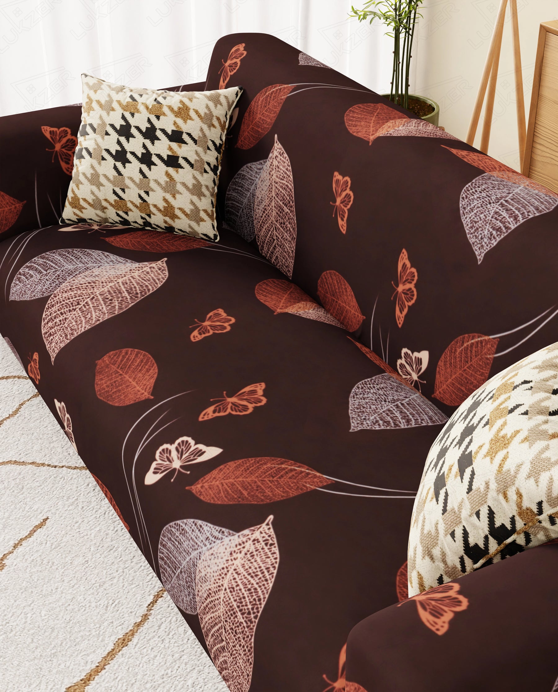 Lukzer Polyester Sofa Cover - Maroon Leaves (SC-010-01)