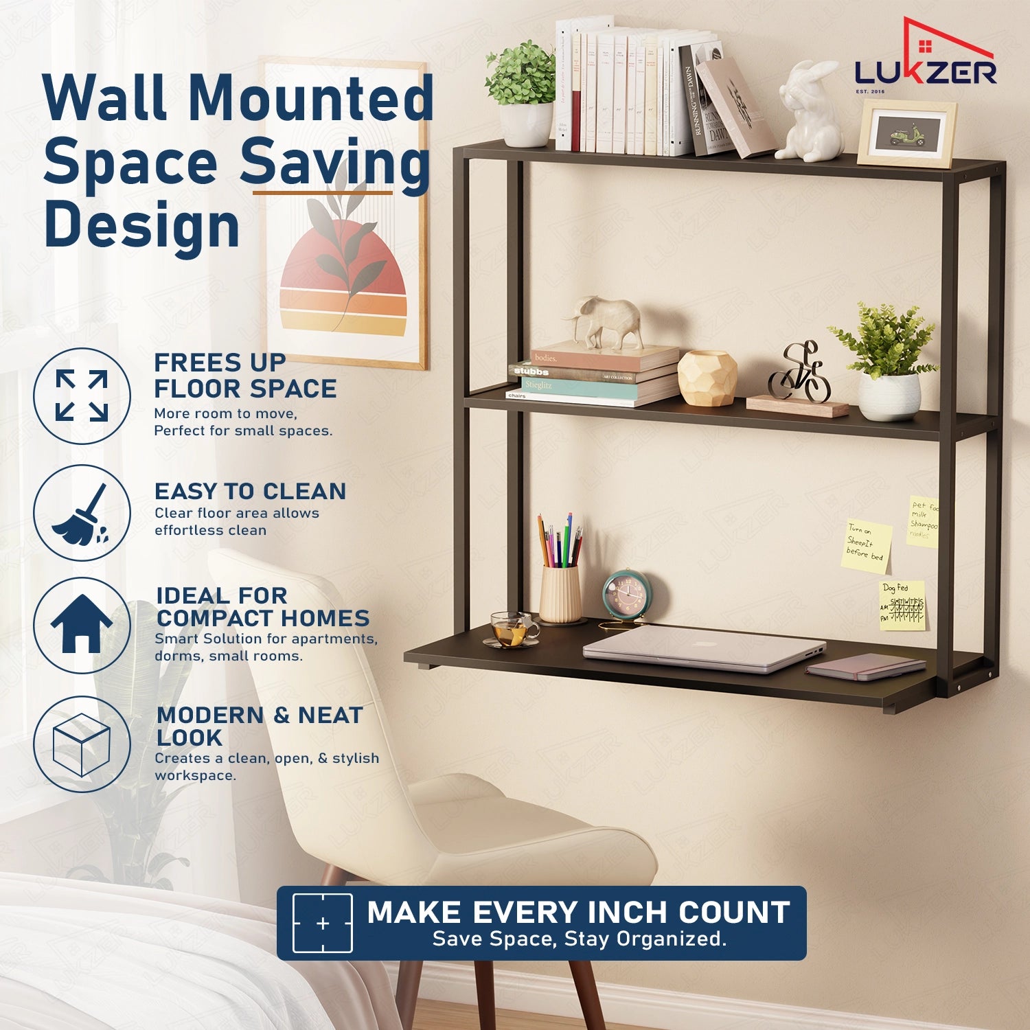 Lukzer Wall Mounted Study Table with Multipurpose Storage Shelves (MMR-007/Black & Black)